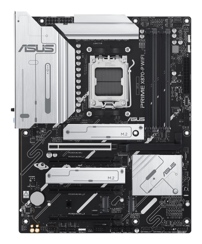 Zweites Bild vonASUS Prime X870-P WIFI, AMD, Sockel AM5, AMD Ryzen 7000 Series, AMD Ryzen 8000 Series, AMD Ryzen 9000 Series, Sockel AM5, DDR5-SDRAM, 192 GB