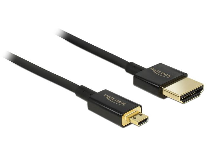 Delock HDMI-A/HDMI Micro-D, 2 m, 2 m, HDMI Typ A (Standard), HDMI Typ D (Mikrofon), 3840 x 2160 Pixel, 3D, Schwarz