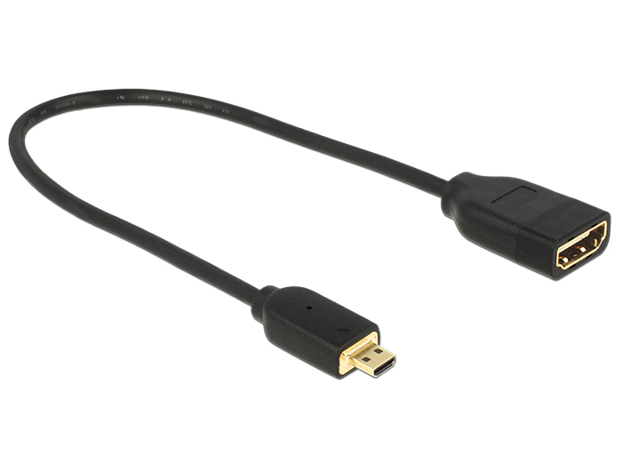 Delock 0.2m, HDMI-A/HDMI Micro-D, 0,2 m, HDMI Typ D (Mikrofon), HDMI Typ A (Standard), 3840 x 2160 Pixel, 3D, Schwarz