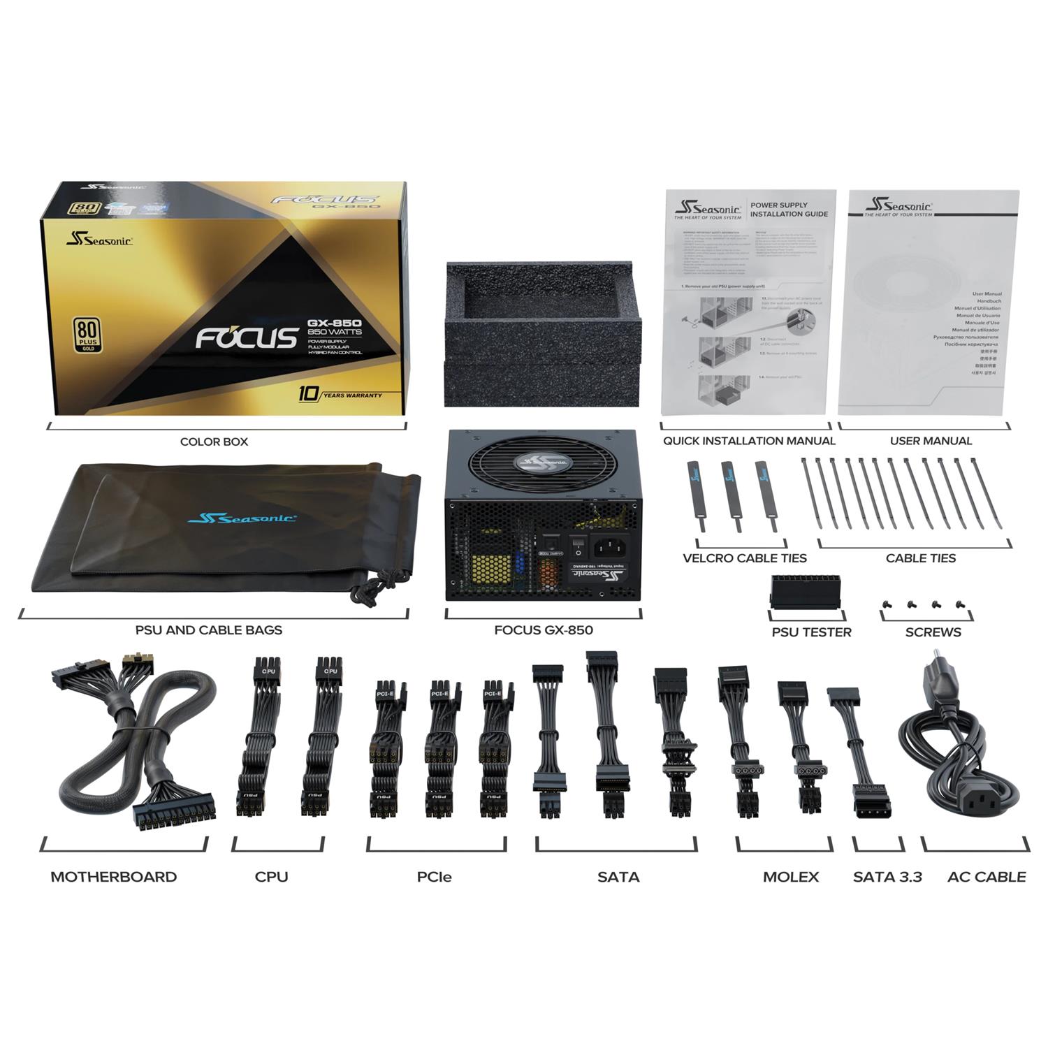 Zweites Bild vonSeasonic Focus GX, 850 W, 100 - 240 V, 50/60 Hz, 12 - 6 A, 100 W, 840 W