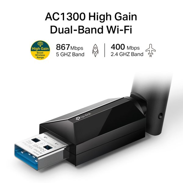 Zweites Bild vonTP-LINK AC1300-High-Gain-Dualband-USB-WLAN-Adapter, Kabellos, USB, WLAN, Wi-Fi 5 (802.11ac), 867 Mbit/s, Schwarz