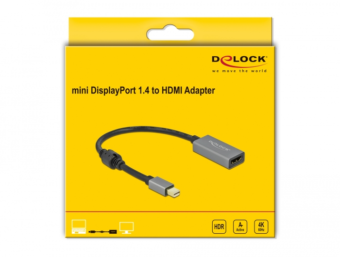 Zweites Bild vonDelock Aktiver mini DisplayPort 1.4 zu HDMI Adapter 4K 60 Hz (HDR), 0,2 m, Mini DisplayPort, HDMI Typ A (Standard), Männlich, Weiblich, Gerade