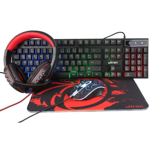 Ultron HAWK Gaming Set, Volle Größe (100%), QWERTZ, LED, Schwarz, Rot, Weiß, Maus enthalten