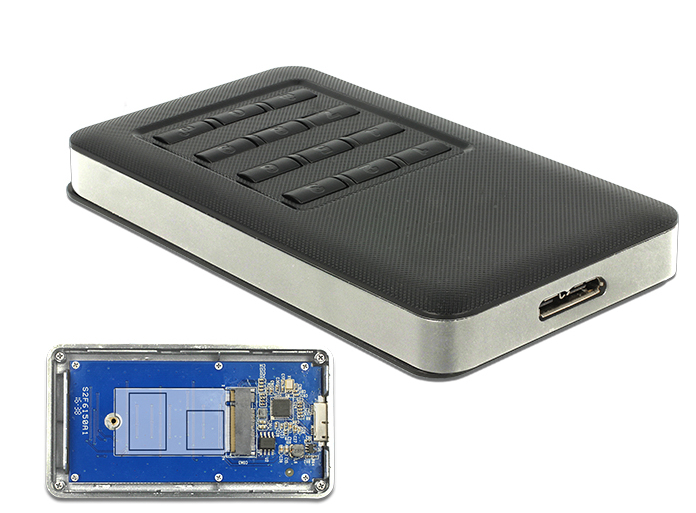 Delock 42594, SSD-Gehäuse, M.2, SATA, 5 Gbit/s, USB Anschluss, Schwarz, Silber
