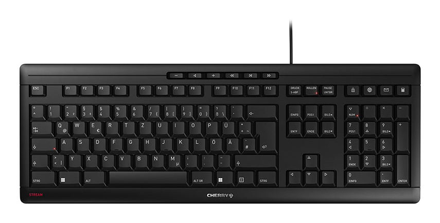 Cherry STREAM KEYBOARD Kabelgebundene Tastatur, Schwarz, USB (QWERTZ - DE), Volle Größe (100%), Kabelgebunden, USB, Mechanischer Switch, QWERTZ, Schwarz