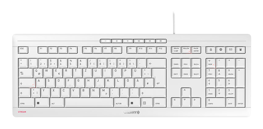 Cherry STREAM KEYBOARD, Kabelgebundene Tastatur, hellgrau, USB (QWERTZ - DE), Volle Größe (100%), Kabelgebunden, USB, Mechanischer Switch, QWERTZ, Weiß