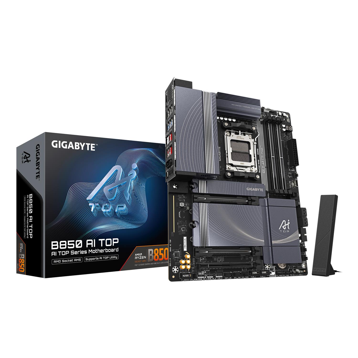 Gigabyte B850 AI TOP Motherboard - AMD Ryzen 9000 Series CPUs, 16+2+2 Phasen Digital VRM, bis zu 8600MHz DDR5 (OC), 2xPCIe 5.0 + 1xPCIe 4.0 M.2, 10 GbE LAN, WIFI 7, USB 3.2 Gen 2x2, AMD, Sockel AM5, AMD Ryzen 7000 Series, AMD Ryzen 8000 Series, AMD Ryzen