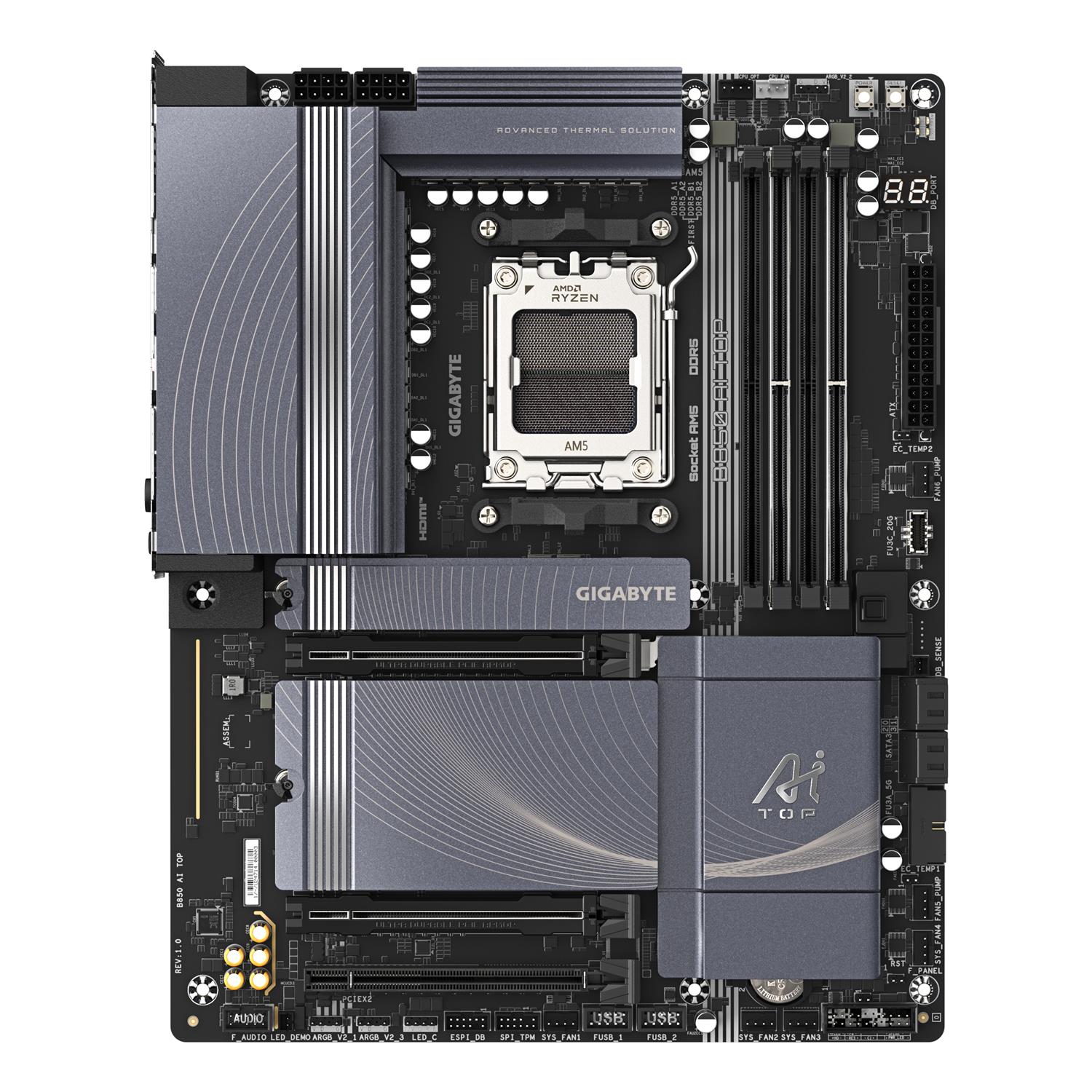Zweites Bild vonGigabyte B850 AI TOP Motherboard - AMD Ryzen 9000 Series CPUs, 16+2+2 Phasen Digital VRM, bis zu 8600MHz DDR5 (OC), 2xPCIe 5.0 + 1xPCIe 4.0 M.2, 10 GbE LAN, WIFI 7, USB 3.2 Gen 2x2, AMD, Sockel AM5, AMD Ryzen 7000 Series, AMD Ryzen 8000 Series, AMD Ryzen