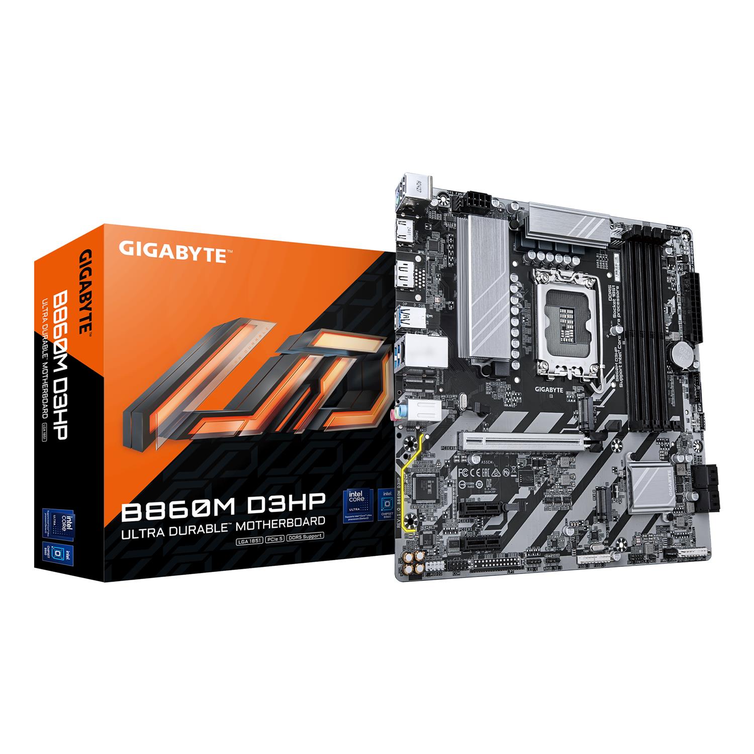 Gigabyte B860M D3HP Mainboard - Intel Core Ultra CPUs, 4+1+2+1 Phasen VRM, bis zu 9066MHz DDR5, 2xPCIe 4.0 M.2, GbE LAN, USB 3.2 Gen 1, Intel, LGA 1851 (Socket V1), Intel Core Ultra (Serie 1), Intel Core Ultra (Series 2), LGA 1851, DDR5-SDRAM, 256 GB
