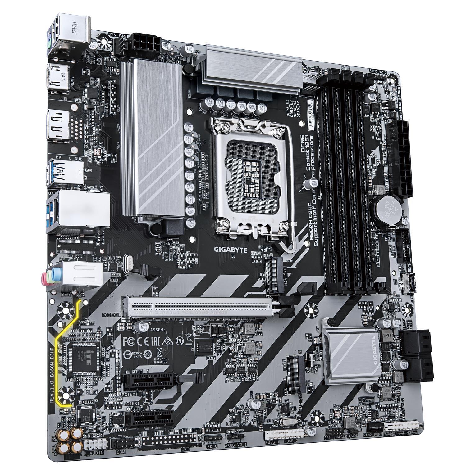 Zweites Bild vonGigabyte B860M D3HP Mainboard - Intel Core Ultra CPUs, 4+1+2+1 Phasen VRM, bis zu 9066MHz DDR5, 2xPCIe 4.0 M.2, GbE LAN, USB 3.2 Gen 1, Intel, LGA 1851 (Socket V1), Intel Core Ultra (Serie 1), Intel Core Ultra (Series 2), LGA 1851, DDR5-SDRAM, 256 GB