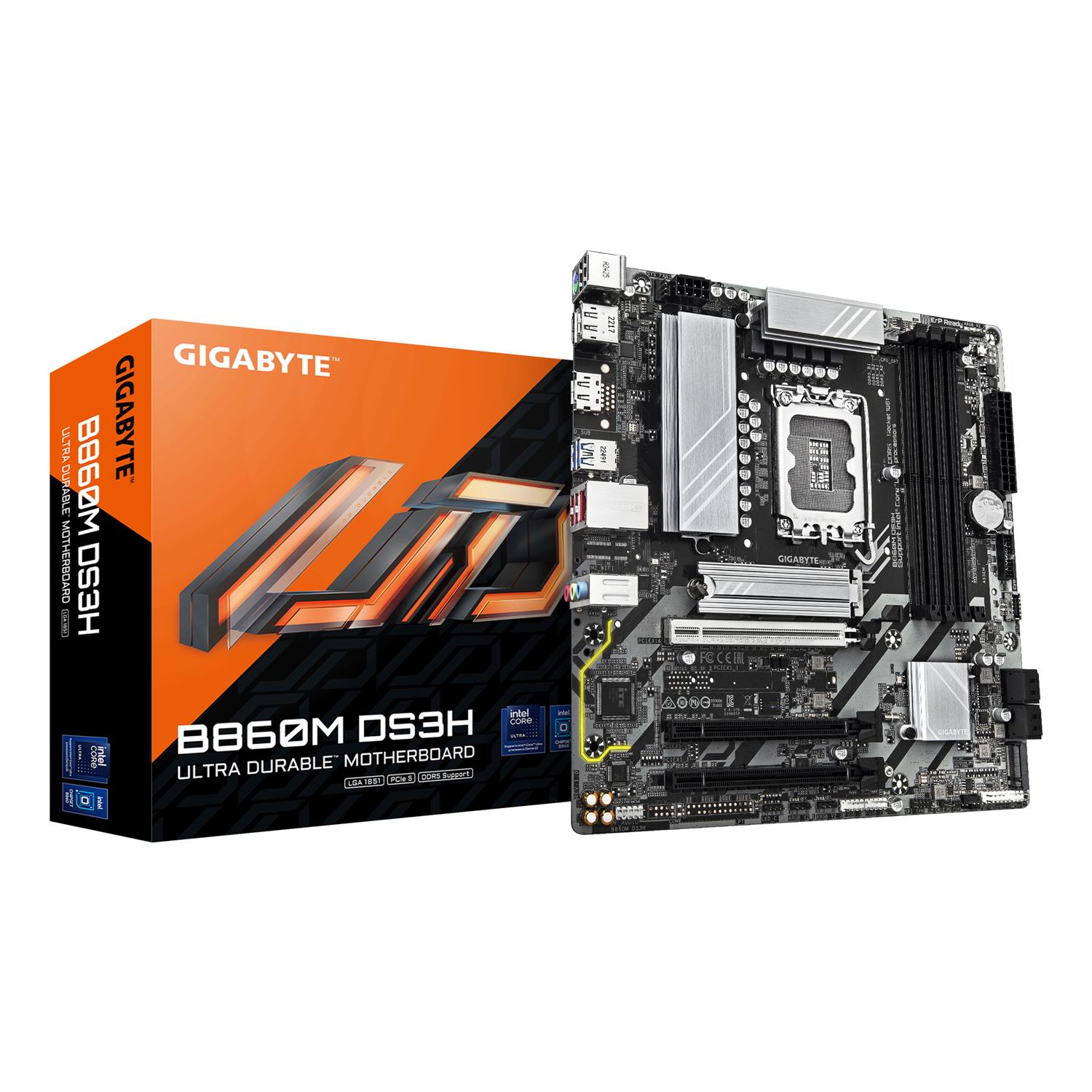 Gigabyte B860M DS3H Mainboard - Intel Core Ultra CPUs, 5+1+2+1 Phasen VRM, bis zu 9066MHz DDR5, 1xPCIe 5.0 + 1xPCIe 4.0 M.2, 2,5 GbE LAN, USB 3.2 Gen 2, Intel, LGA 1851 (Socket V1), Intel Core Ultra (Serie 1), Intel Core Ultra (Series 2), LGA 1851, DDR5-S