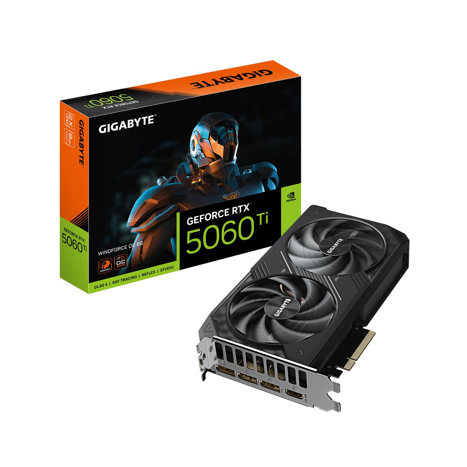 Gigabyte GeForce RTX 5060 Ti WINDFORCE OC 8G Grafikkarte – 8 GB GDDR7, 128 Bit, PCI-E 5.0, 2587 MHz Kernfrequenz, 3 x DisplayPort, 1 x HDMI, GV-N506TWF2OC-8GD, GeForce RTX 5060 Ti, 8 GB, GDDR7, 128 Bit, 7680 x 4320 Pixel, PCI Express x8 5.0