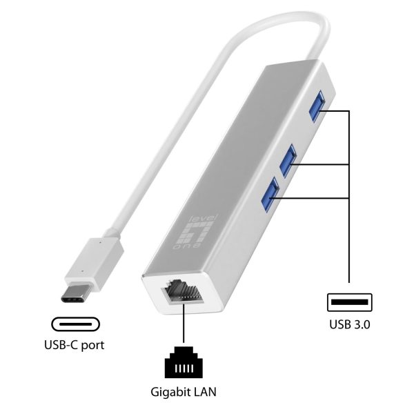 Zweites Bild vonLevelOne Gigabit USB-C Netzwerkadapter mit USB Hub, Kabelgebunden, USB Typ-C, Ethernet, 1000 Mbit/s, Silber