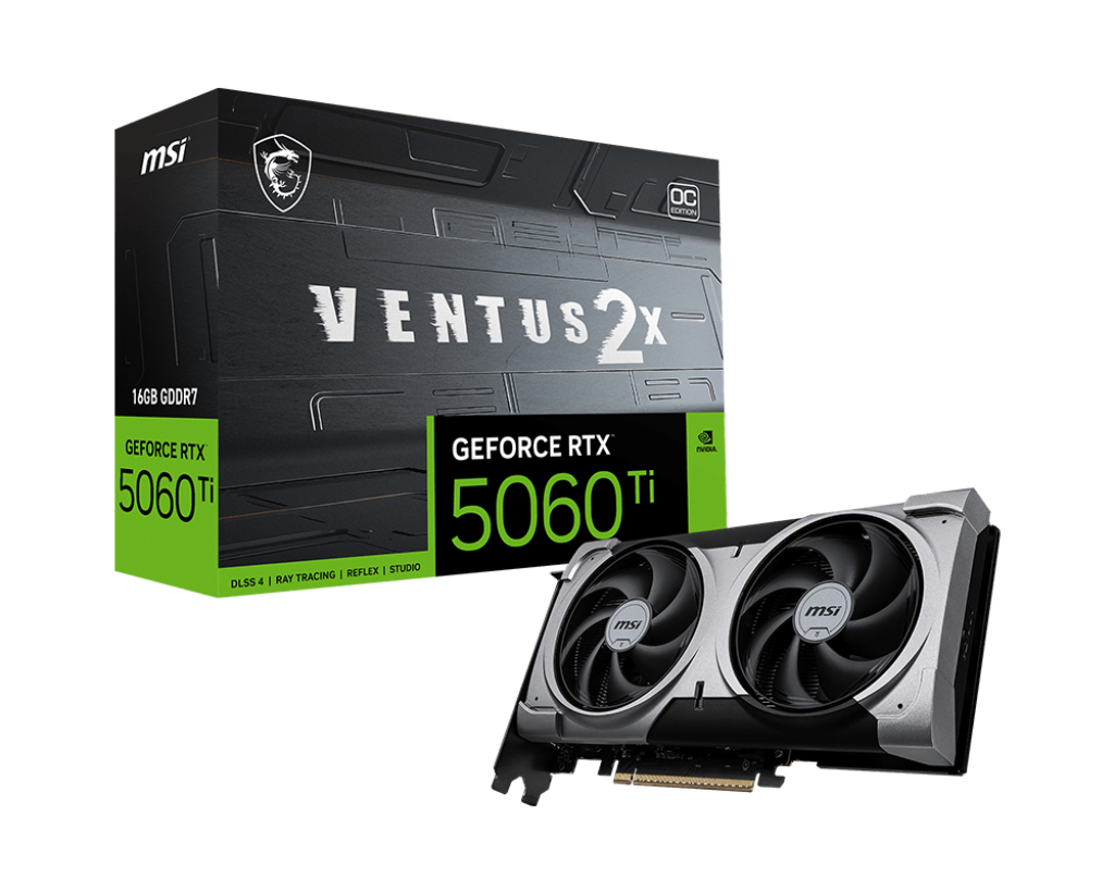 MSI VENTUS GeForce RTX 5060 TI 16G 2X OC PLUS, GeForce RTX 5060 Ti, 16 GB, GDDR7, 128 Bit, 7680 x 4320 Pixel, PCI Express x16 5.0